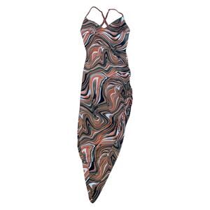 RUDA Orange Brown Print Asymmetrical Ruched Bodycon Dress    Size: XS